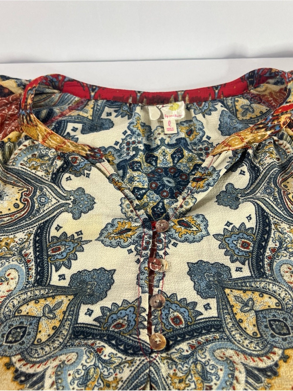 FIG + FLOWER Mixed Print Peasant Blouse Size L Boho Cottagecore Balloon Sleeve - Picture 4 of 8